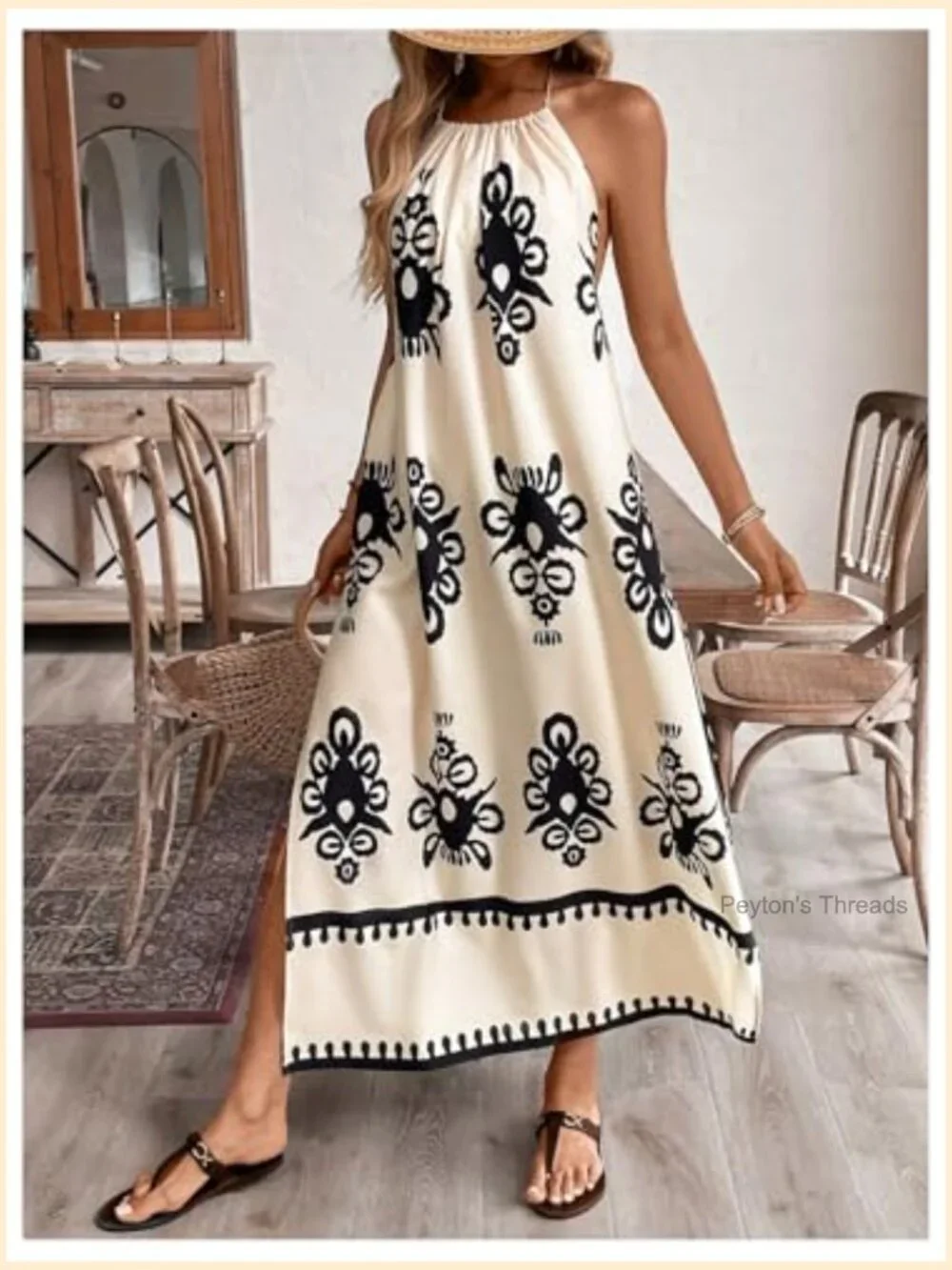 Boho Backless Halter Maxi Dress Floral Tie Back Split Flowy Summer - Picture 3 of 5